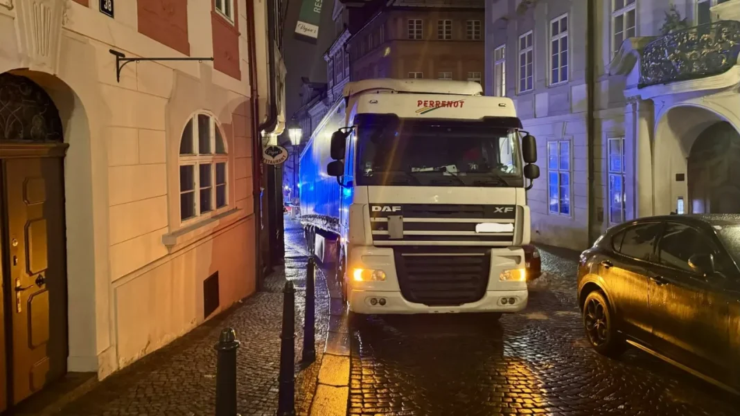 Firefighters and Police Assist in Freeing Stuck Truck in Prague City Center